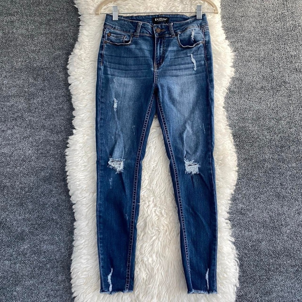 ENJEAN DENIM CO BLUE DENIM JEANS DISTRESSED SKINNY RAW HEM Y2K GRUNGE MALLCORE